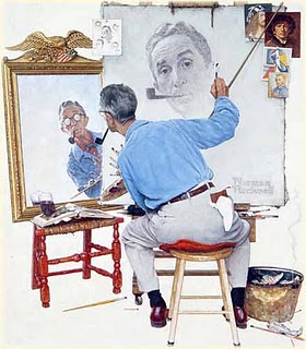 Auto-retrato Triplo – Norman Rockwell, de 1960, note-se que ele não se retrata com óculos.